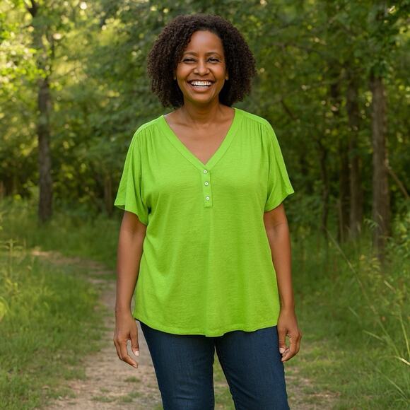 Chico's Top Womens Size 3 (XL) 100% Linen Citrus Lime Henley Peplum Pleated Back - Picture 1 of 7